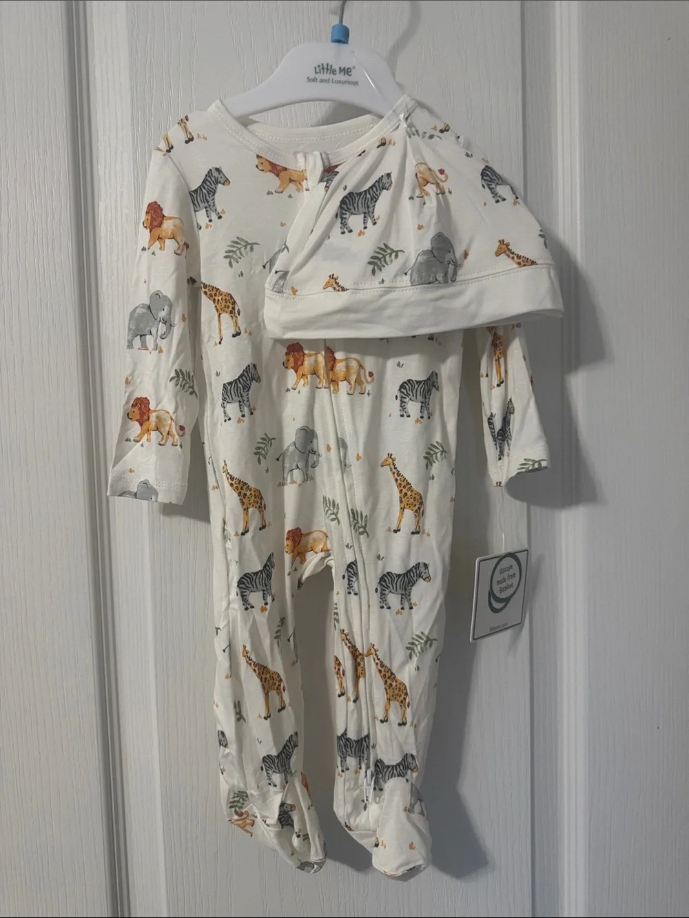 Little Me Bamboo Safari Animal Print Cream Baby One-Piece with Hat